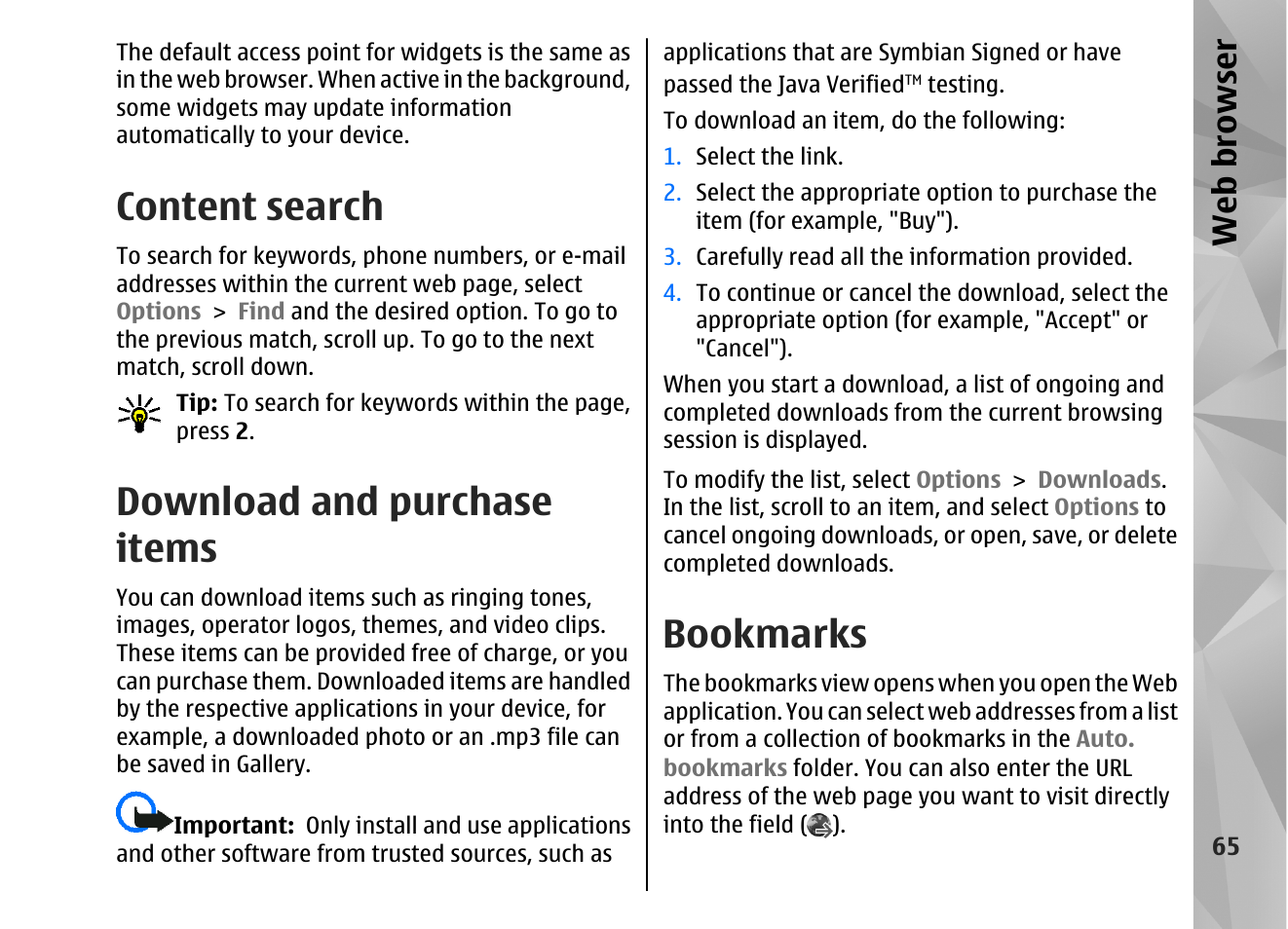 Content search, Download and purchase items, Bookmarks | Web browser | Nokia N82 User Manual | Page 65 / 171