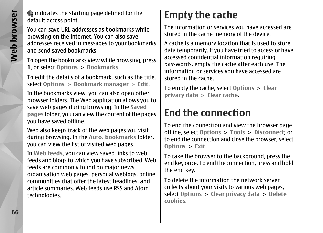 Empty the cache, End the connection, Web browser | Nokia N82 User Manual | Page 66 / 171