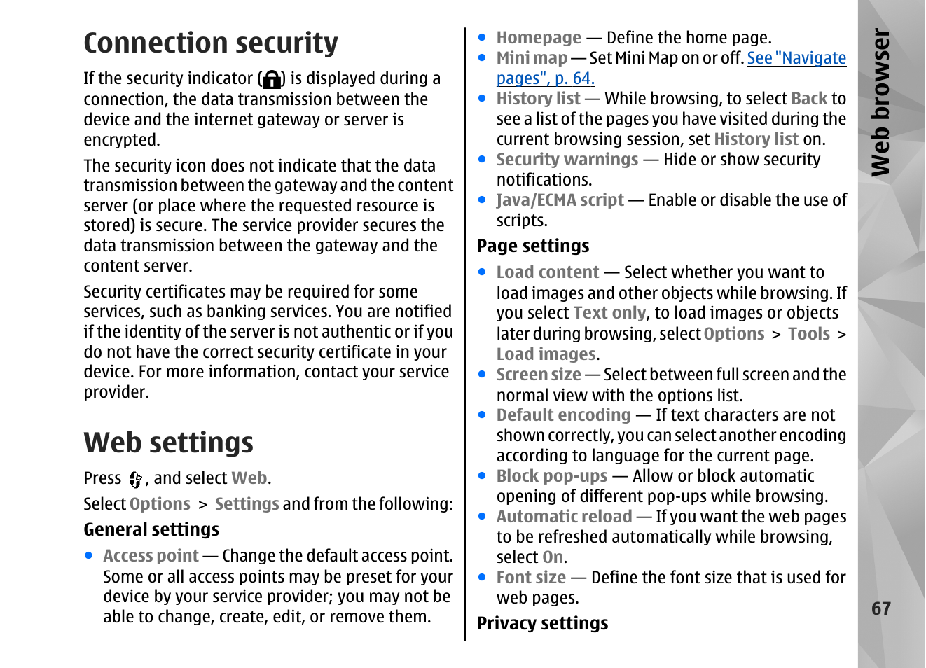 Connection security, Web settings, Web browser | Nokia N82 User Manual | Page 67 / 171