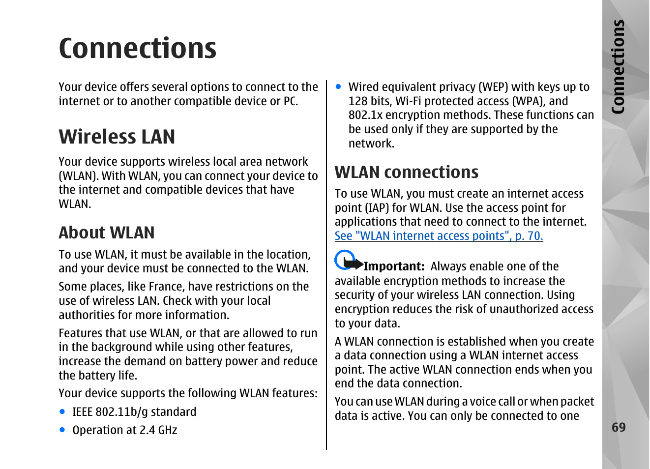 Connections, Wireless lan, About wlan | Wlan connections, Wlan enabled devices, See "wireless, Lan", p. 69, See "about wlan", p. 69, See "wireless lan", p. 69, Con nectio ns | Nokia N82 User Manual | Page 69 / 171