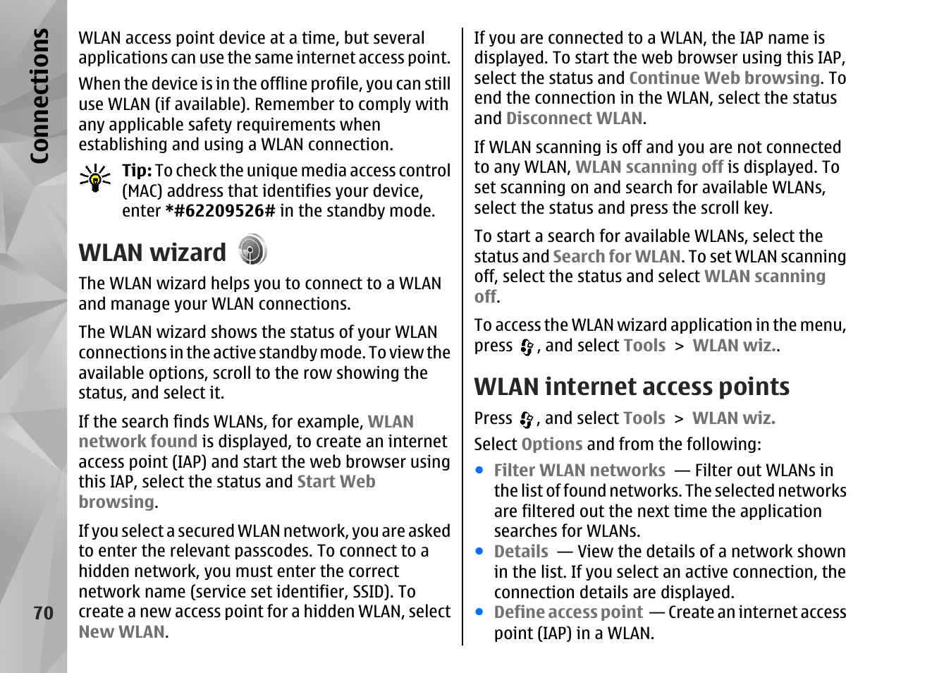 Wlan wizard, Wlan internet access points, Wlan internet access points", p. 70 | Con nectio ns | Nokia N82 User Manual | Page 70 / 171