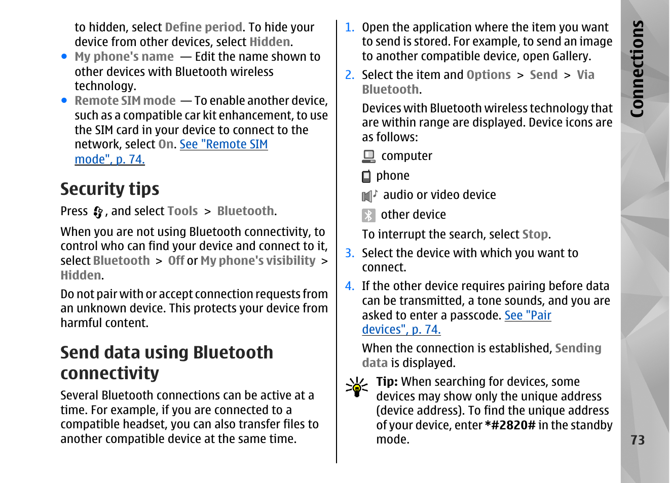 Security tips, Send data using bluetooth connectivity, See "send data using | Bluetooth connectivity", p. 73, This opt, Con nectio ns | Nokia N82 User Manual | Page 73 / 171