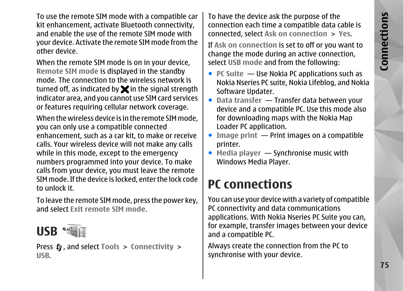 Pc connections, Ters and pcs, Usb", p. 75 | Con nectio ns | Nokia N82 User Manual | Page 75 / 171