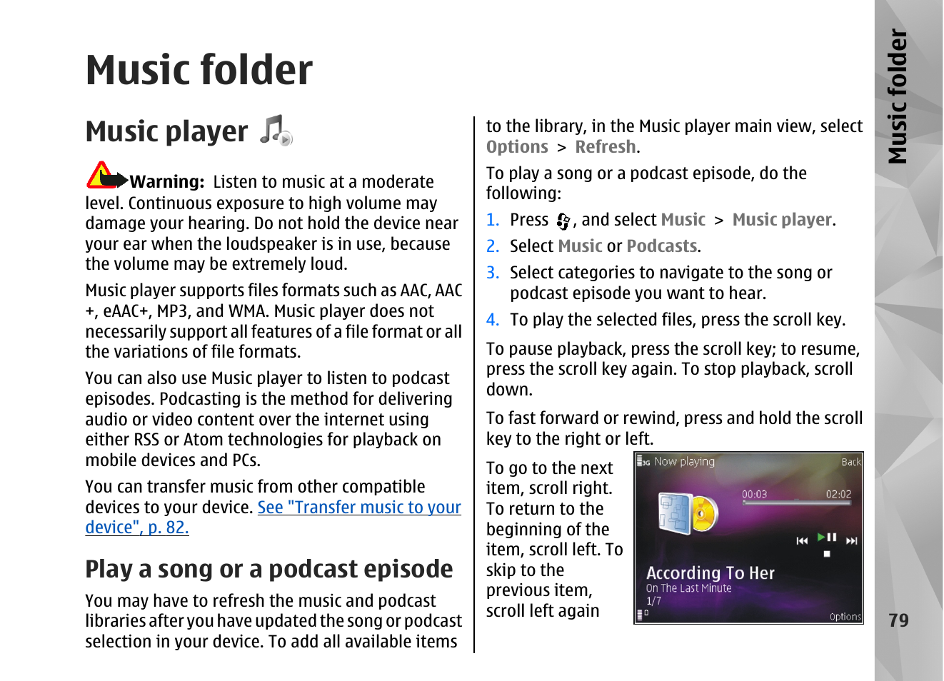 Music folder, Music player, Play a song or a podcast episode | Music player", p. 79, Music fol der | Nokia N82 User Manual | Page 79 / 171