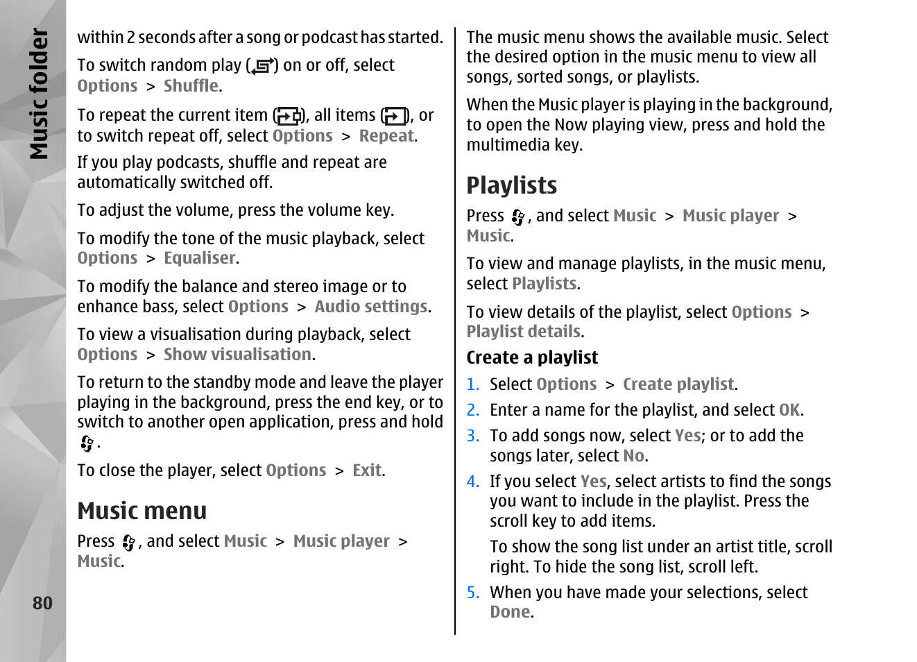 Music menu, Playlists, Music fol der | Nokia N82 User Manual | Page 80 / 171