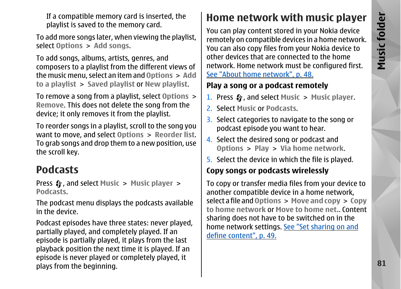 Podcasts, Home network with music player, Music fol der | Nokia N82 User Manual | Page 81 / 171