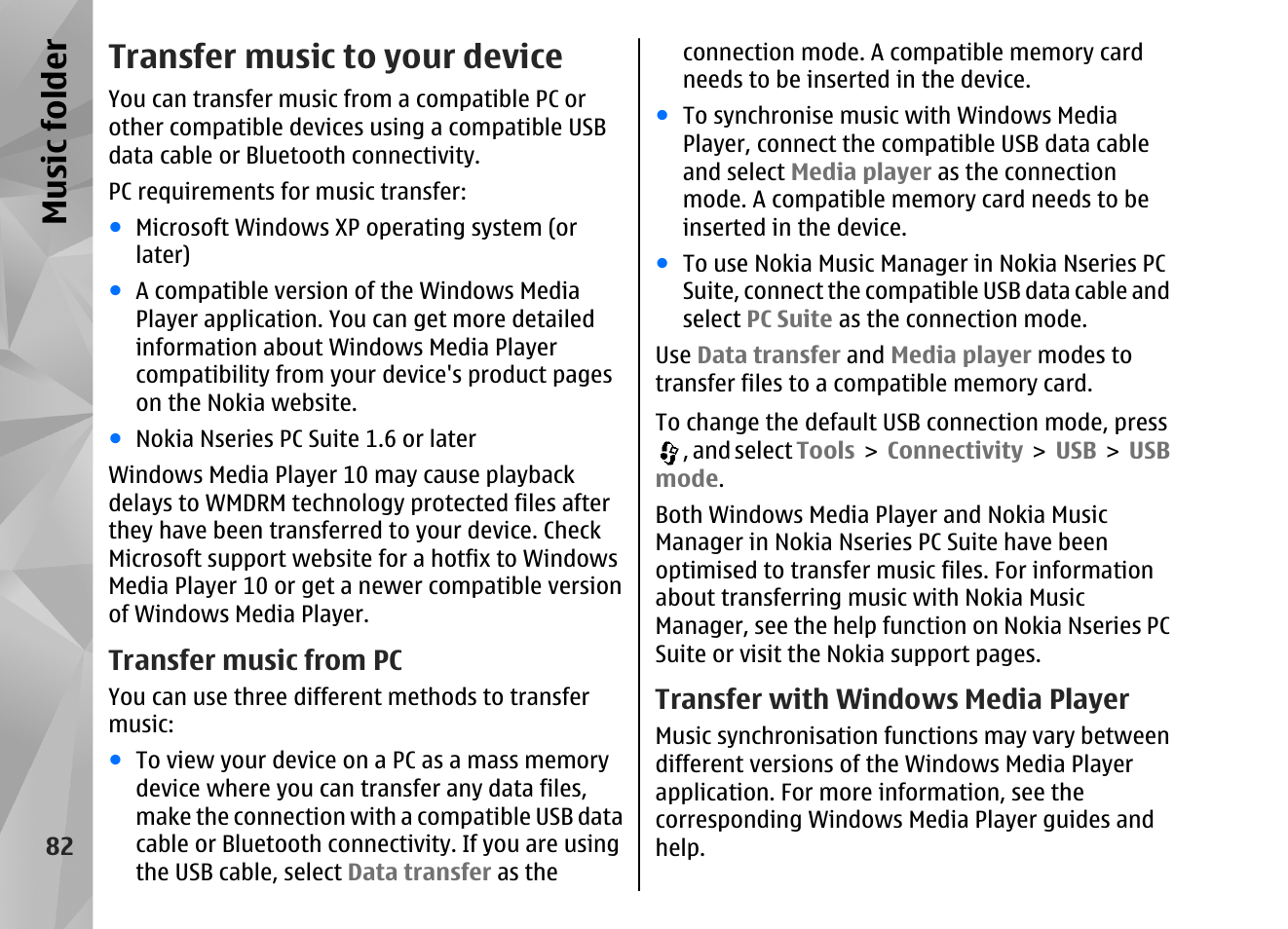 Transfer music to your device, Transfer music from pc, Transfer with windows media player | Music fol der | Nokia N82 User Manual | Page 82 / 171