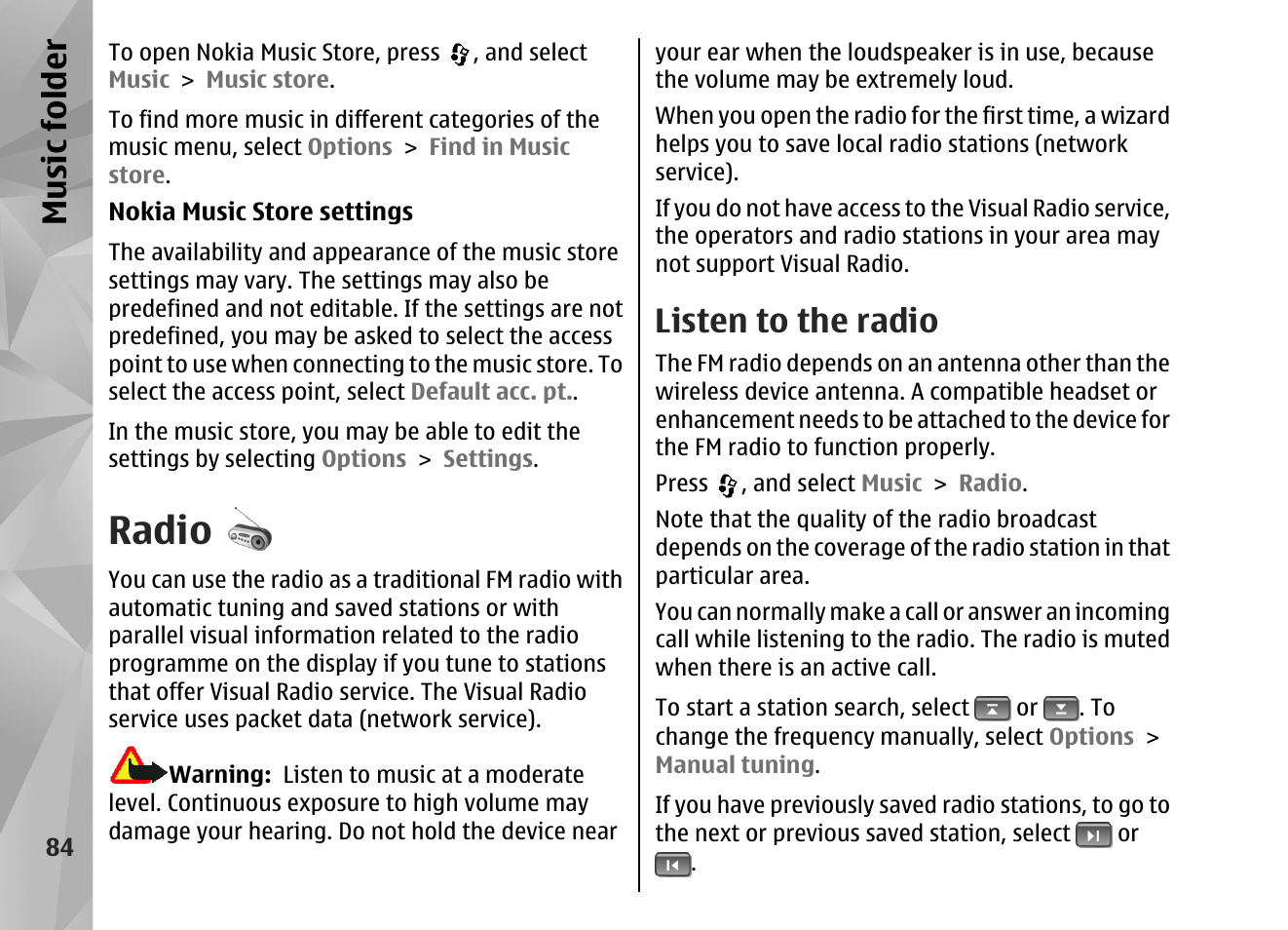 Radio, Listen to the radio, Music fol der | Nokia N82 User Manual | Page 84 / 171