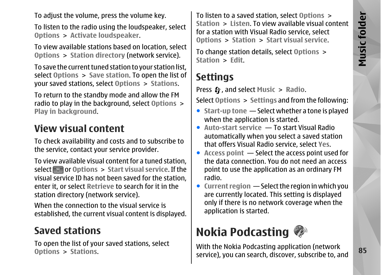 View visual content, Saved stations, Settings | Nokia podcasting, Music fol der | Nokia N82 User Manual | Page 85 / 171