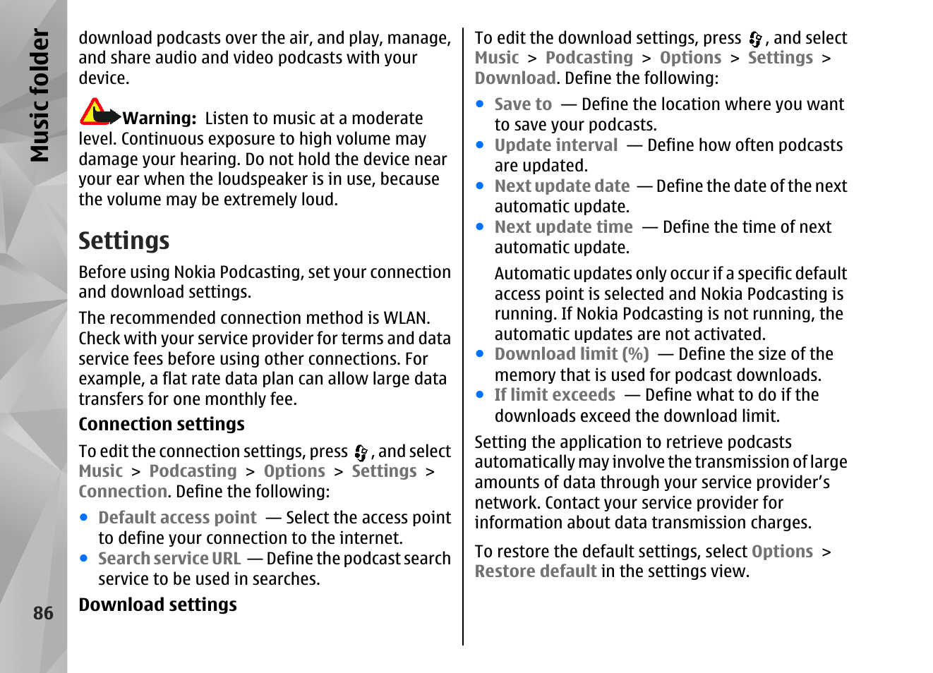 Settings, Music fol der | Nokia N82 User Manual | Page 86 / 171