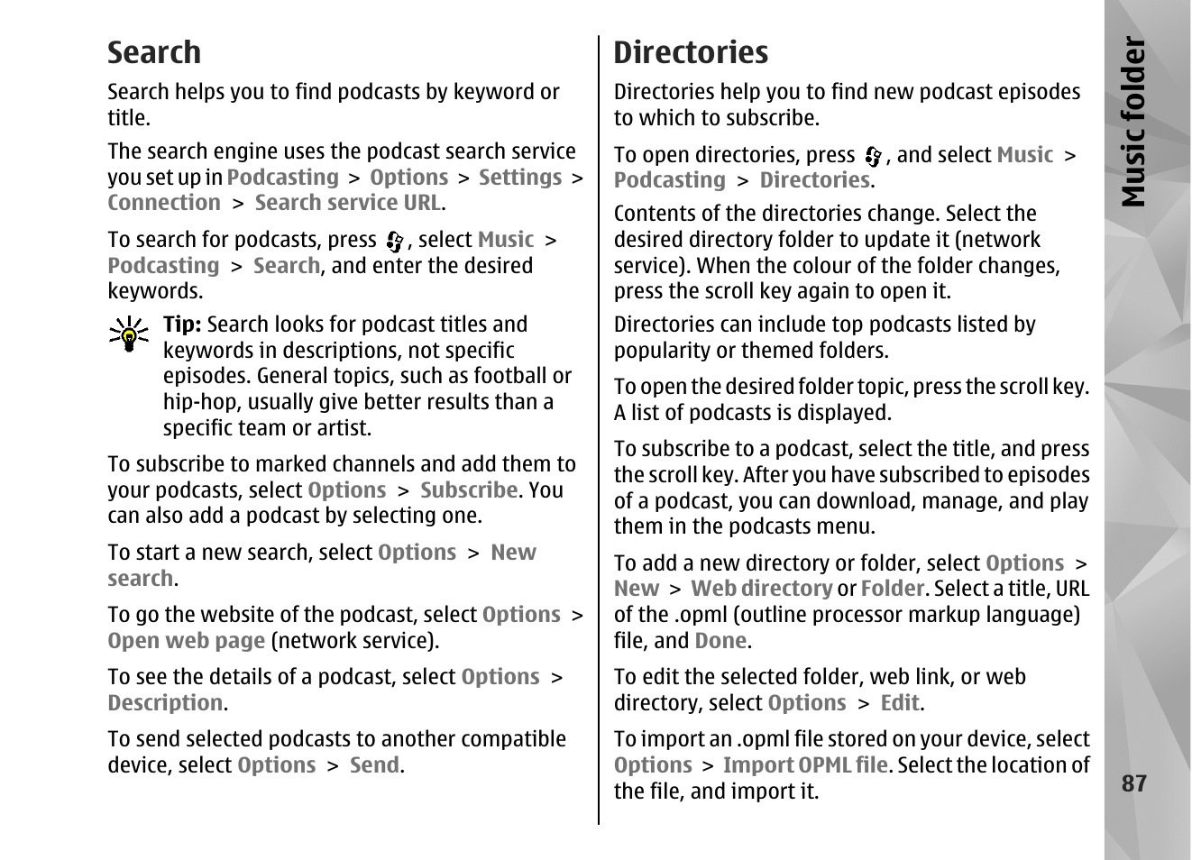 Search, Directories, Music fol der | Nokia N82 User Manual | Page 87 / 171