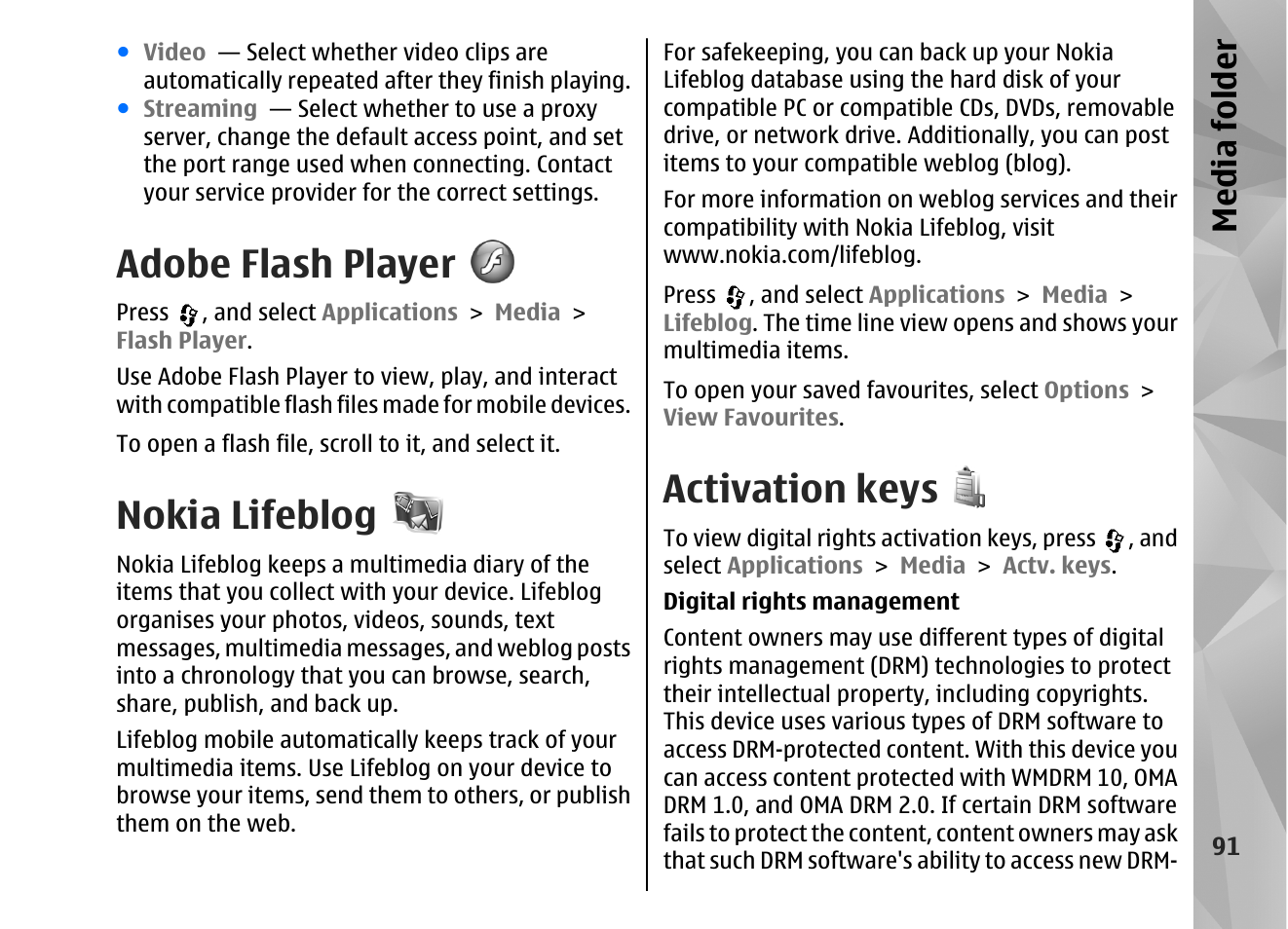 Adobe flash player, Nokia lifeblog, Activation keys | Media fol der | Nokia N82 User Manual | Page 91 / 171