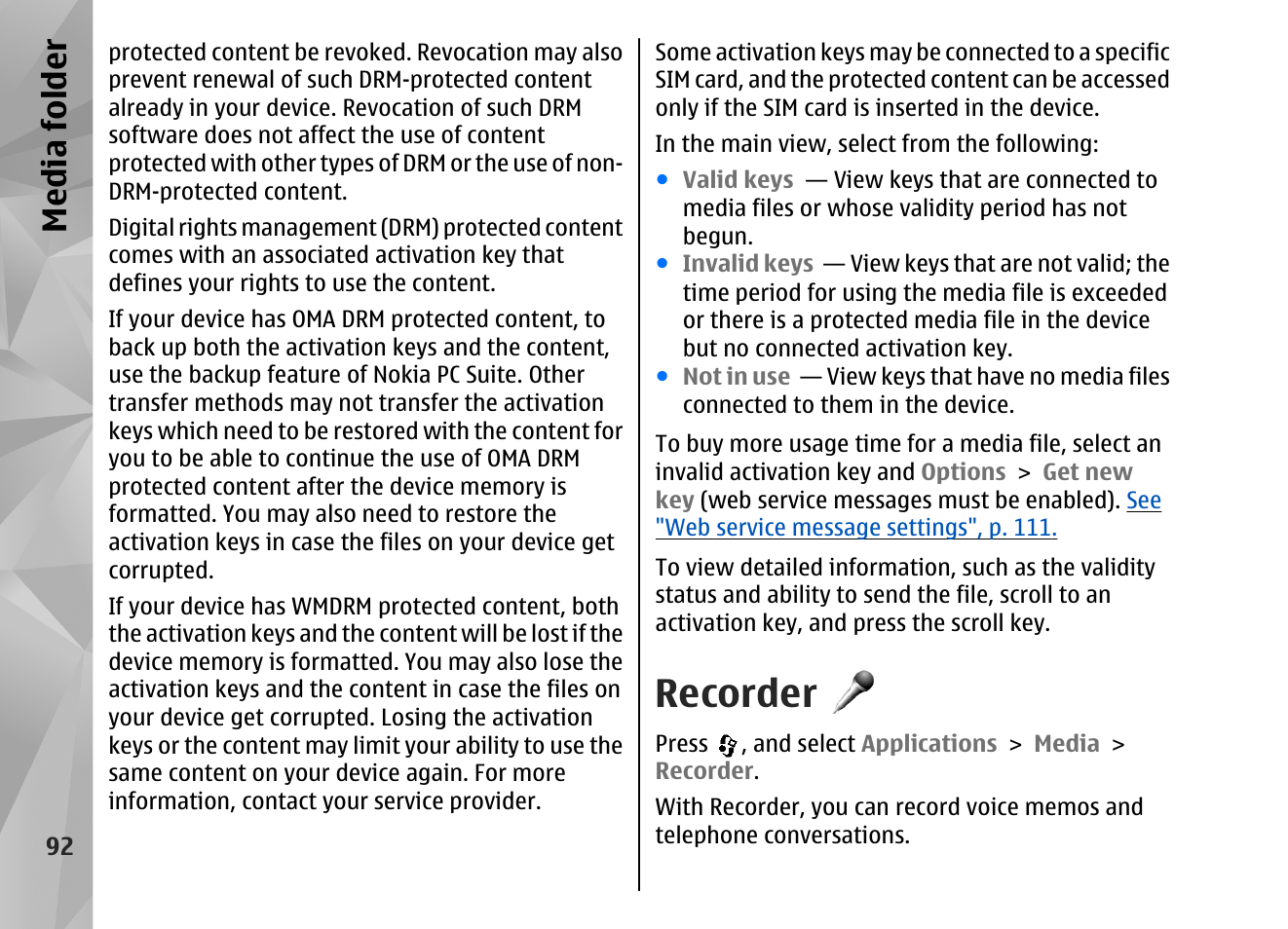 Recorder, Media fol der | Nokia N82 User Manual | Page 92 / 171