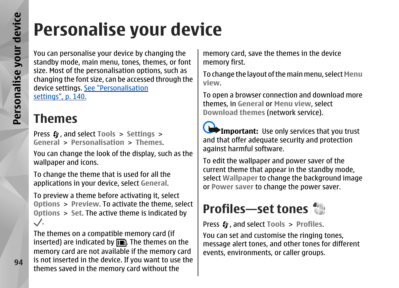 Personalise your device, Themes, Profiles—set tones | Persona lise your de vice | Nokia N82 User Manual | Page 94 / 171