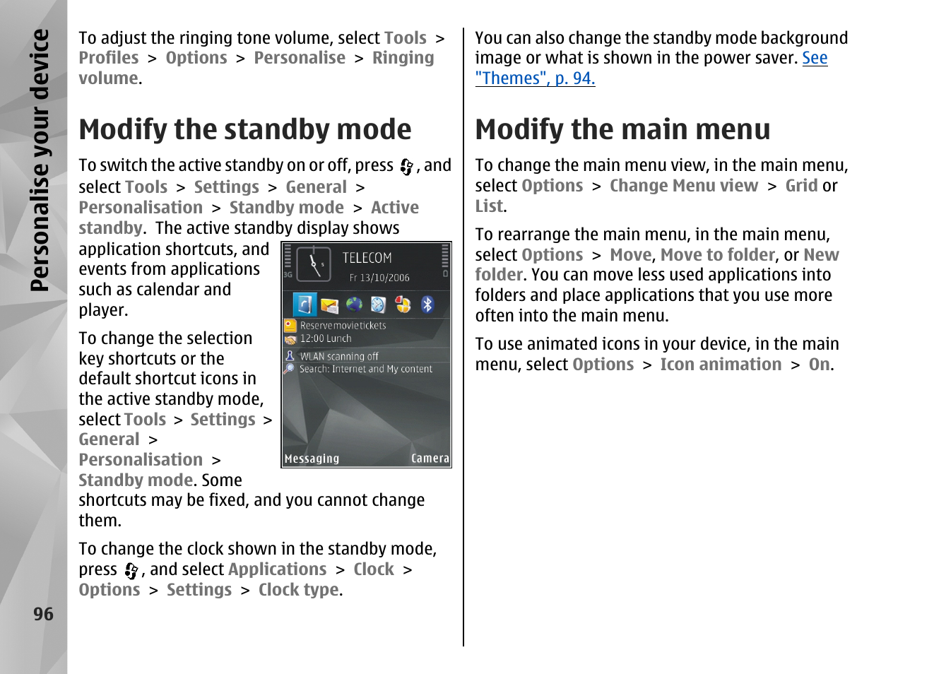 Modify the standby mode, Modify the main menu, Persona lise your de vice | Nokia N82 User Manual | Page 96 / 171