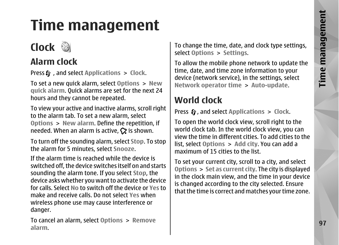 Time management, Clock, Alarm clock | World clock, Ti me ma na ge me nt | Nokia N82 User Manual | Page 97 / 171