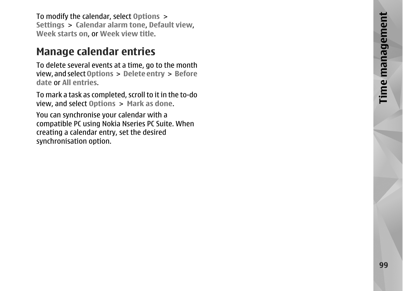 Manage calendar entries, Ti me ma na ge me nt | Nokia N82 User Manual | Page 99 / 171