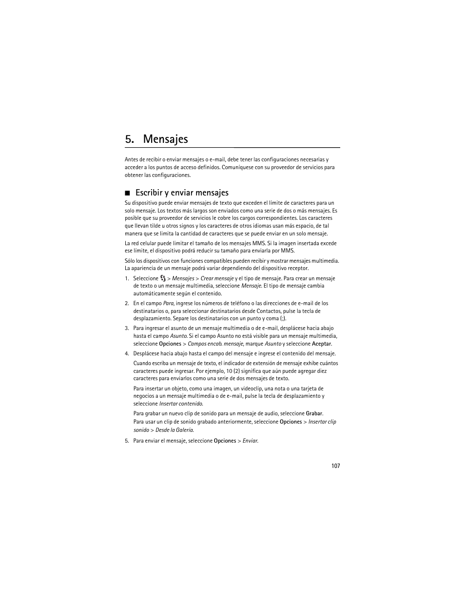 Mensajes, Escribir y enviar mensajes | Nokia 6210 Navigator User Manual | Page 108 / 162