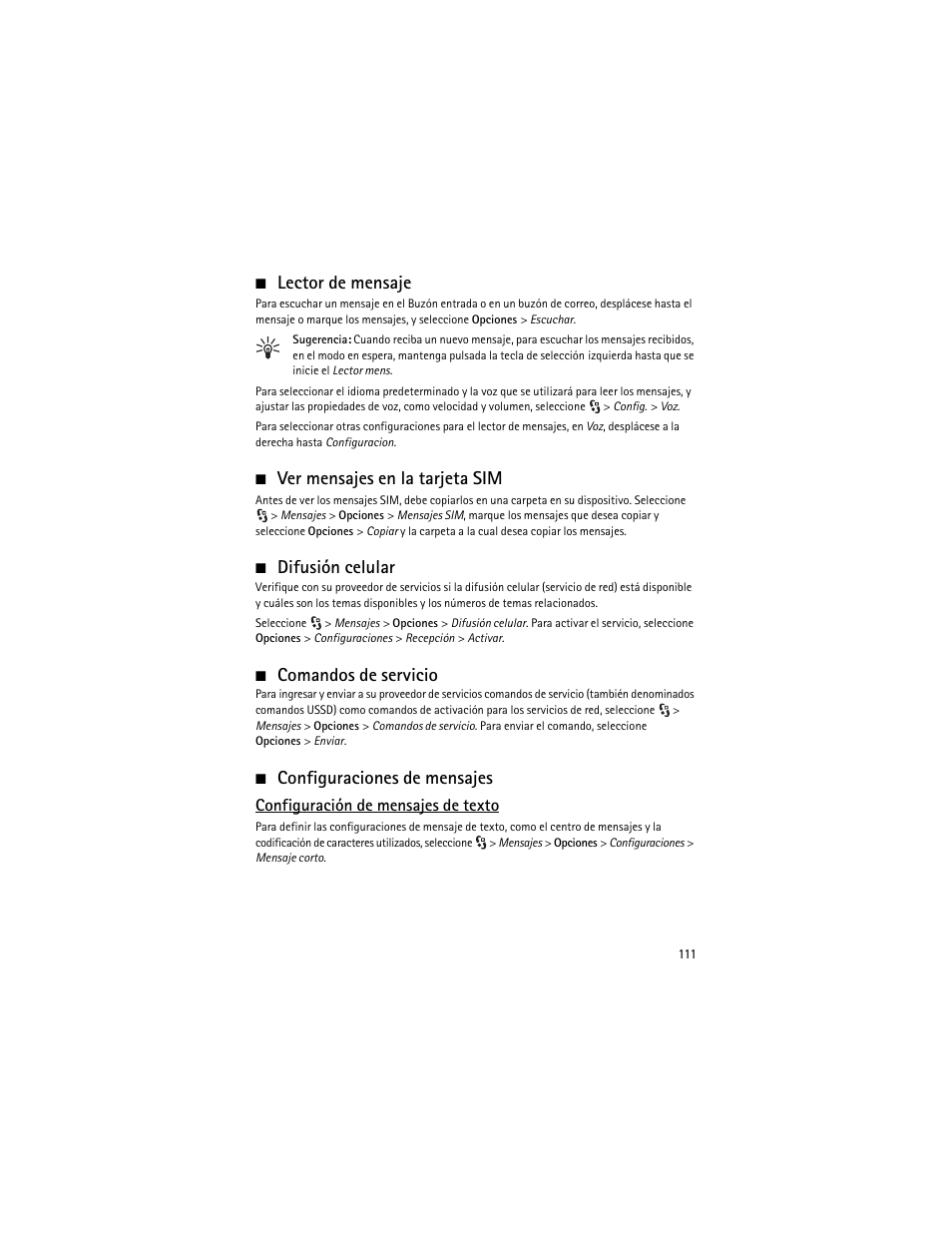 Lector de mensaje, Ver mensajes en la tarjeta sim, Difusión celular | Comandos de servicio, Configuraciones de mensajes | Nokia 6210 Navigator User Manual | Page 112 / 162