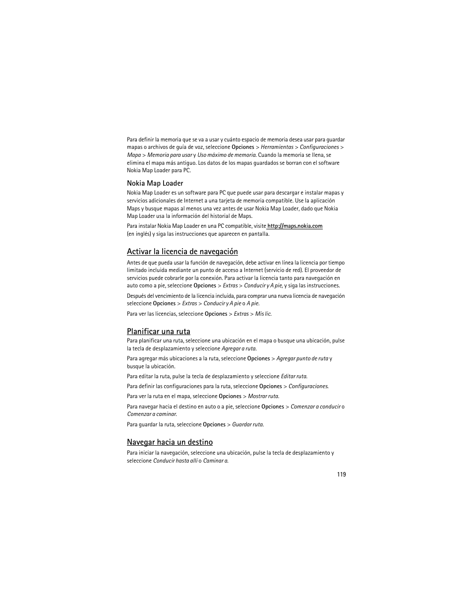 Activar la licencia de navegación, Planificar una ruta, Navegar hacia un destino | Nokia 6210 Navigator User Manual | Page 120 / 162