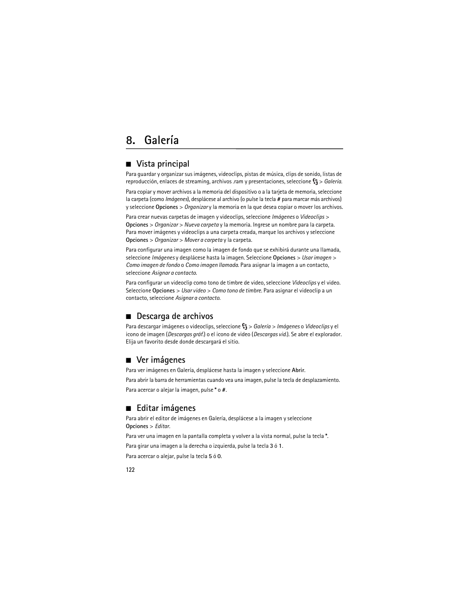 Galería, Vista principal, Descarga de archivos | Ver imágenes, Editar imágenes | Nokia 6210 Navigator User Manual | Page 123 / 162