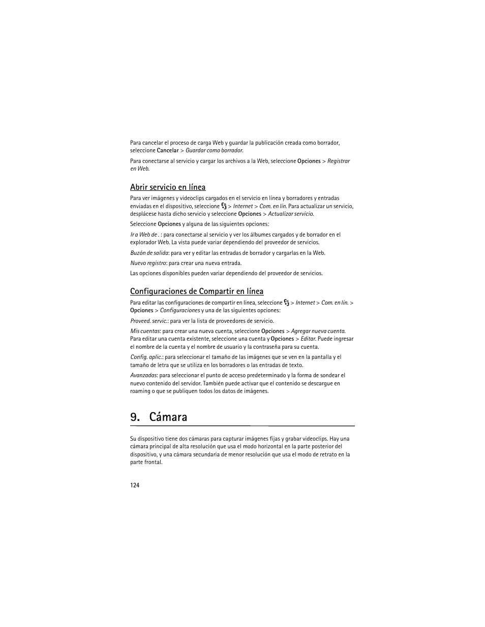 Cámara, Abrir servicio en línea, Configuraciones de compartir en línea | Nokia 6210 Navigator User Manual | Page 125 / 162
