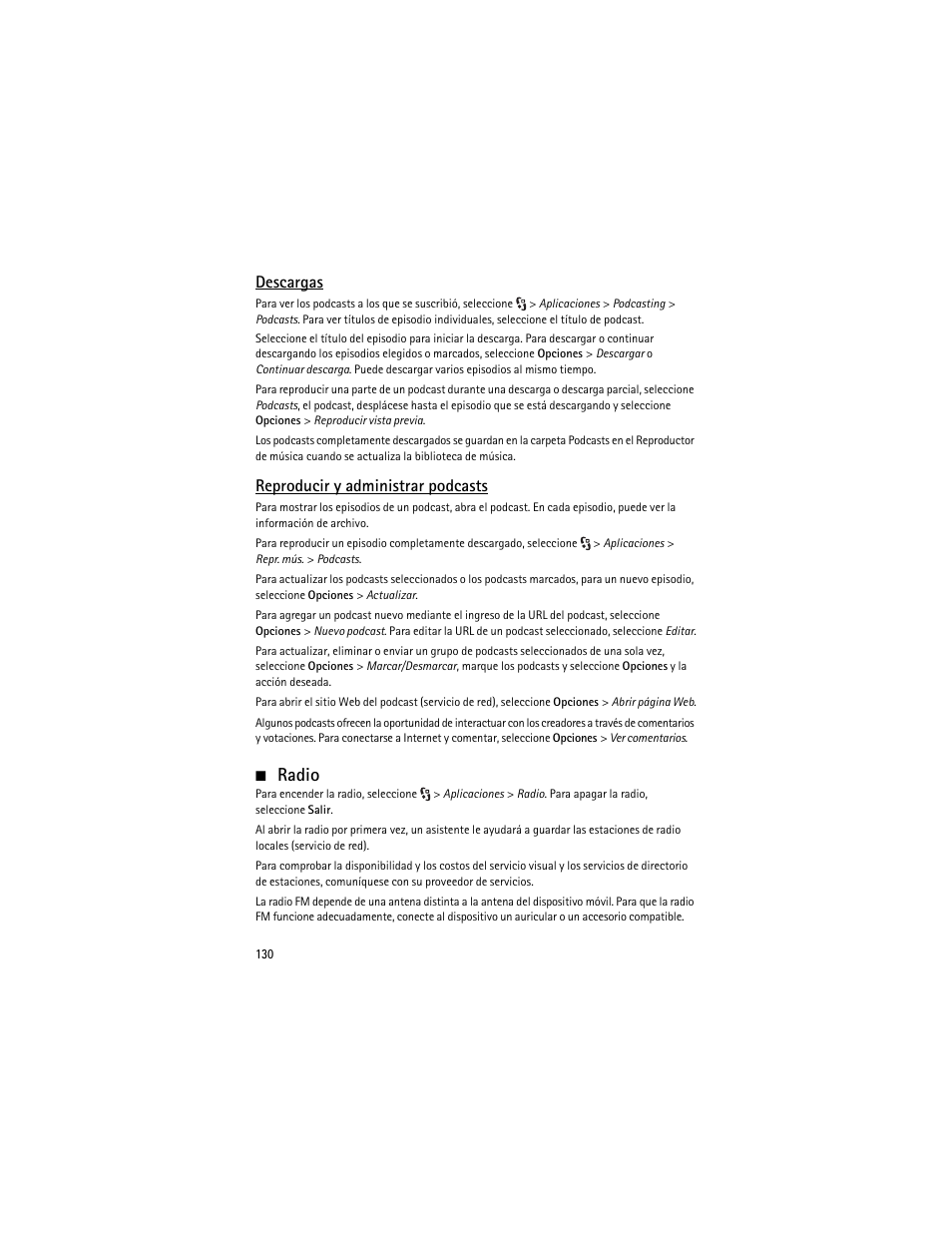 Radio, Descargas, Reproducir y administrar podcasts | Nokia 6210 Navigator User Manual | Page 131 / 162