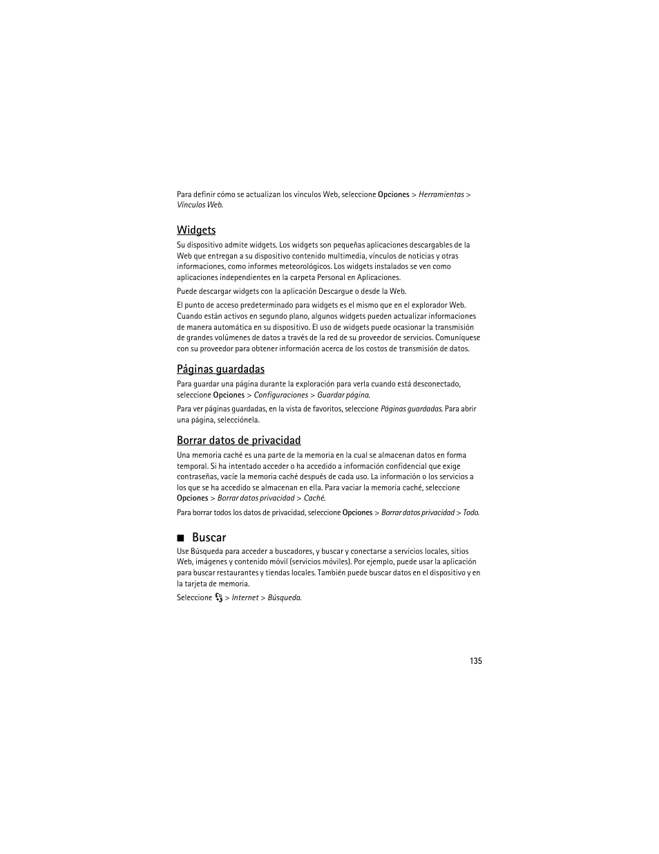 Buscar, Widgets, Páginas guardadas | Borrar datos de privacidad | Nokia 6210 Navigator User Manual | Page 136 / 162