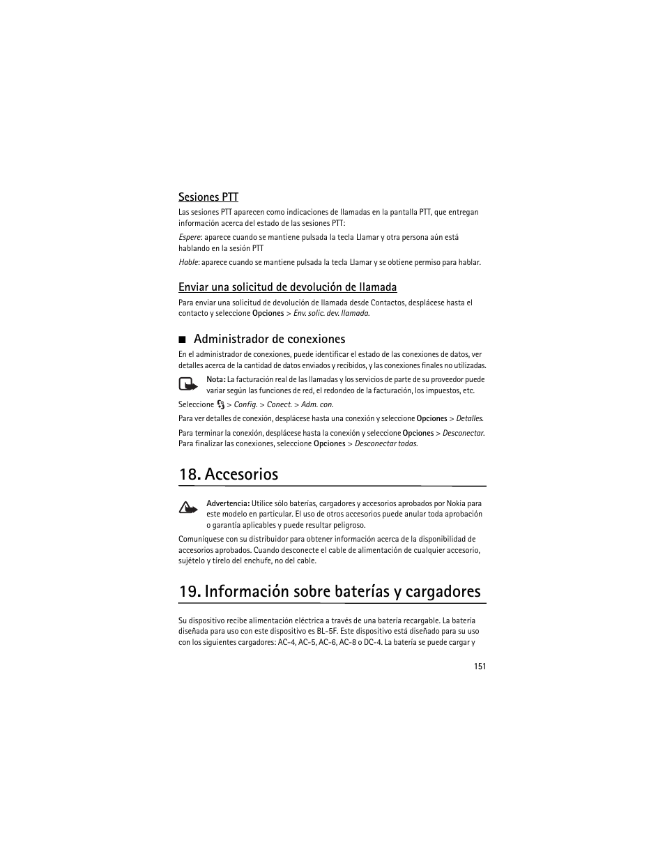 Administrador de conexiones, Accesorios, Información sobre baterías y cargadores | Nokia 6210 Navigator User Manual | Page 152 / 162