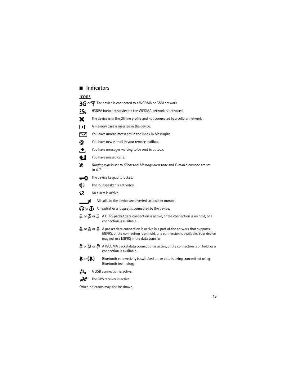 Indicators, Icons | Nokia 6210 Navigator User Manual | Page 16 / 162