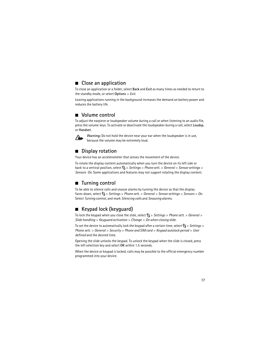 Close an application, Volume control, Display rotation | Turning control, Keypad lock (keyguard) | Nokia 6210 Navigator User Manual | Page 18 / 162
