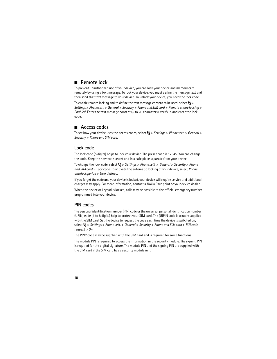 Remote lock, Access codes, Remote lock access codes | Lock code, Pin codes | Nokia 6210 Navigator User Manual | Page 19 / 162