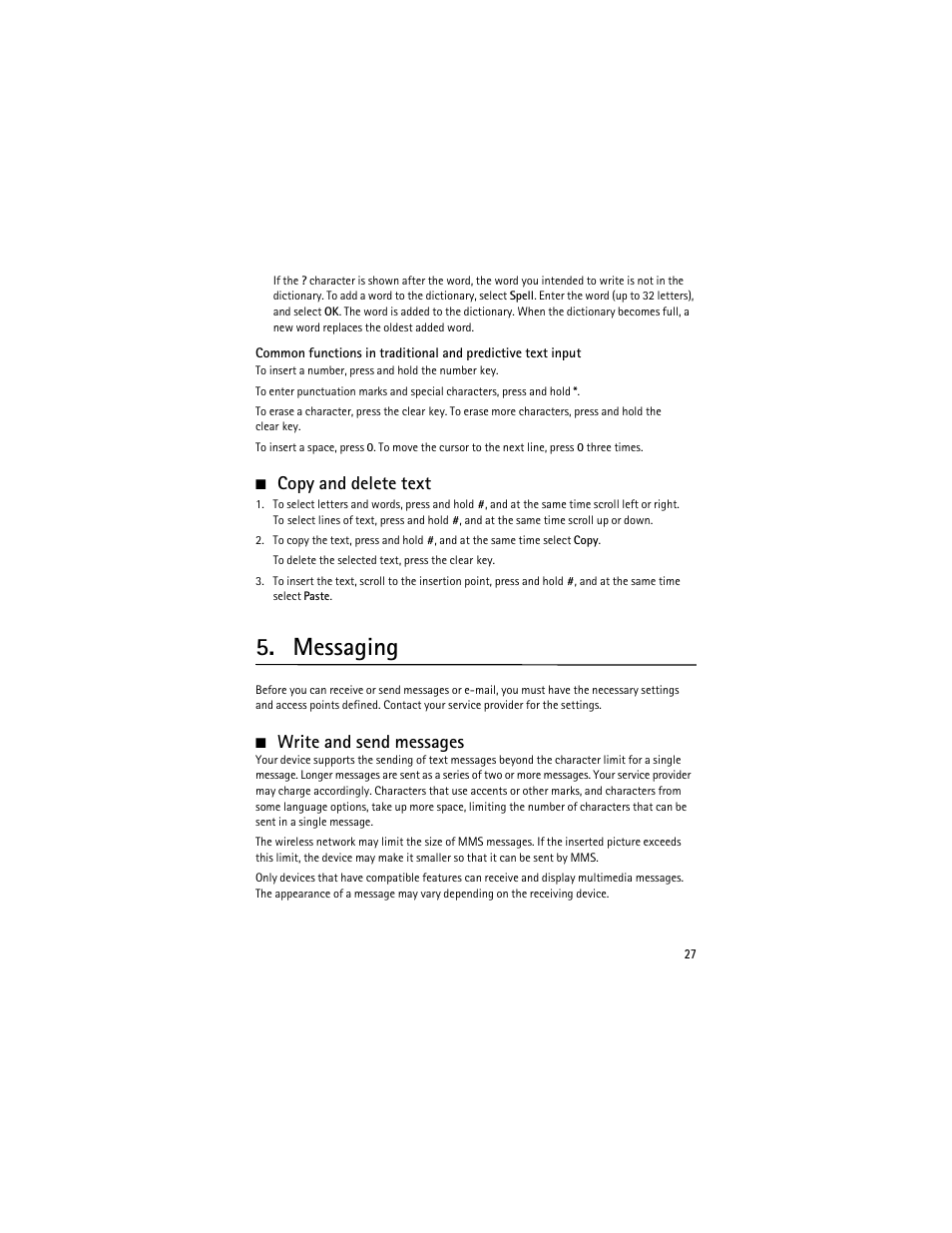 Copy and delete text, Messaging, Write and send messages | Nokia 6210 Navigator User Manual | Page 28 / 162
