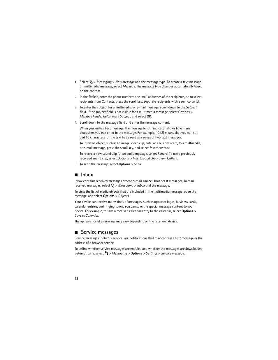 Inbox, Service messages, Inbox service messages | Nokia 6210 Navigator User Manual | Page 29 / 162