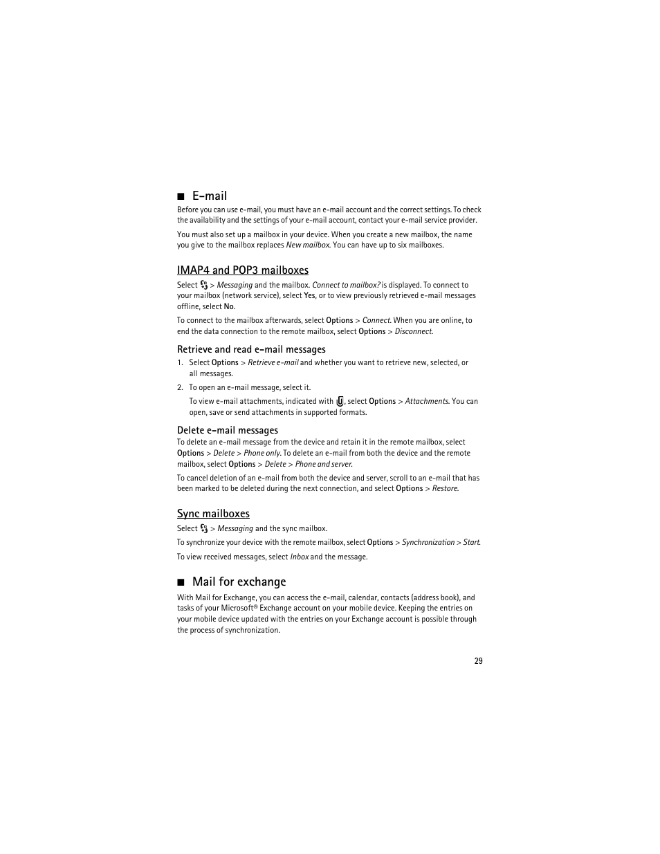 Email, Mail for exchange, E-mail mail for exchange | E-mail, Imap4 and pop3 mailboxes, Sync mailboxes | Nokia 6210 Navigator User Manual | Page 30 / 162