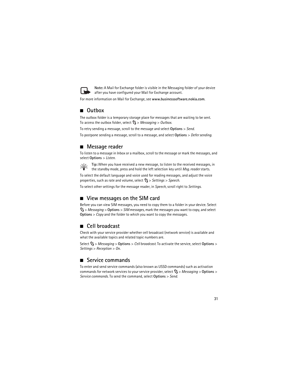 Outbox, Message reader, View messages on the sim card | Cell broadcast, Service commands | Nokia 6210 Navigator User Manual | Page 32 / 162