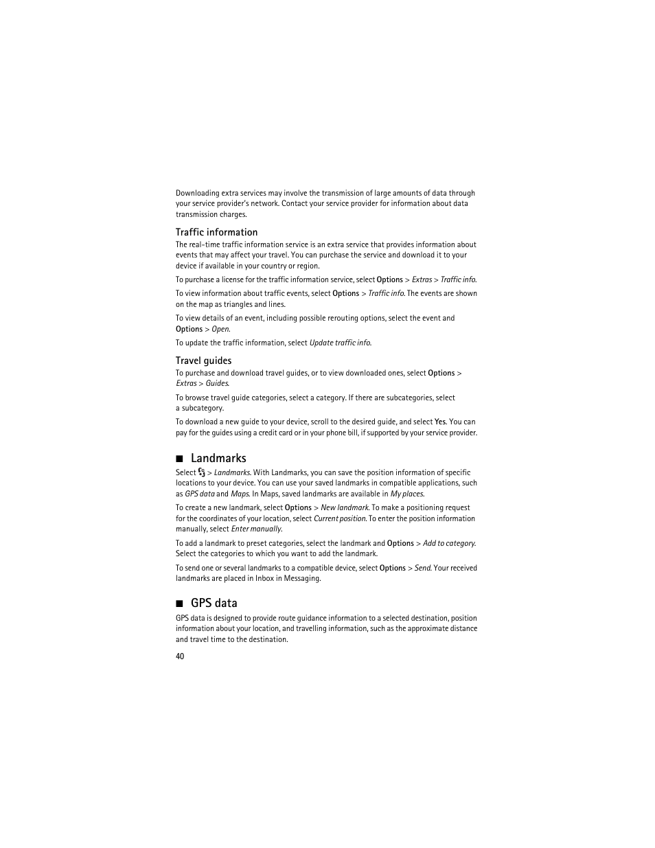 Landmarks, Gps data, Landmarks gps data | Nokia 6210 Navigator User Manual | Page 41 / 162