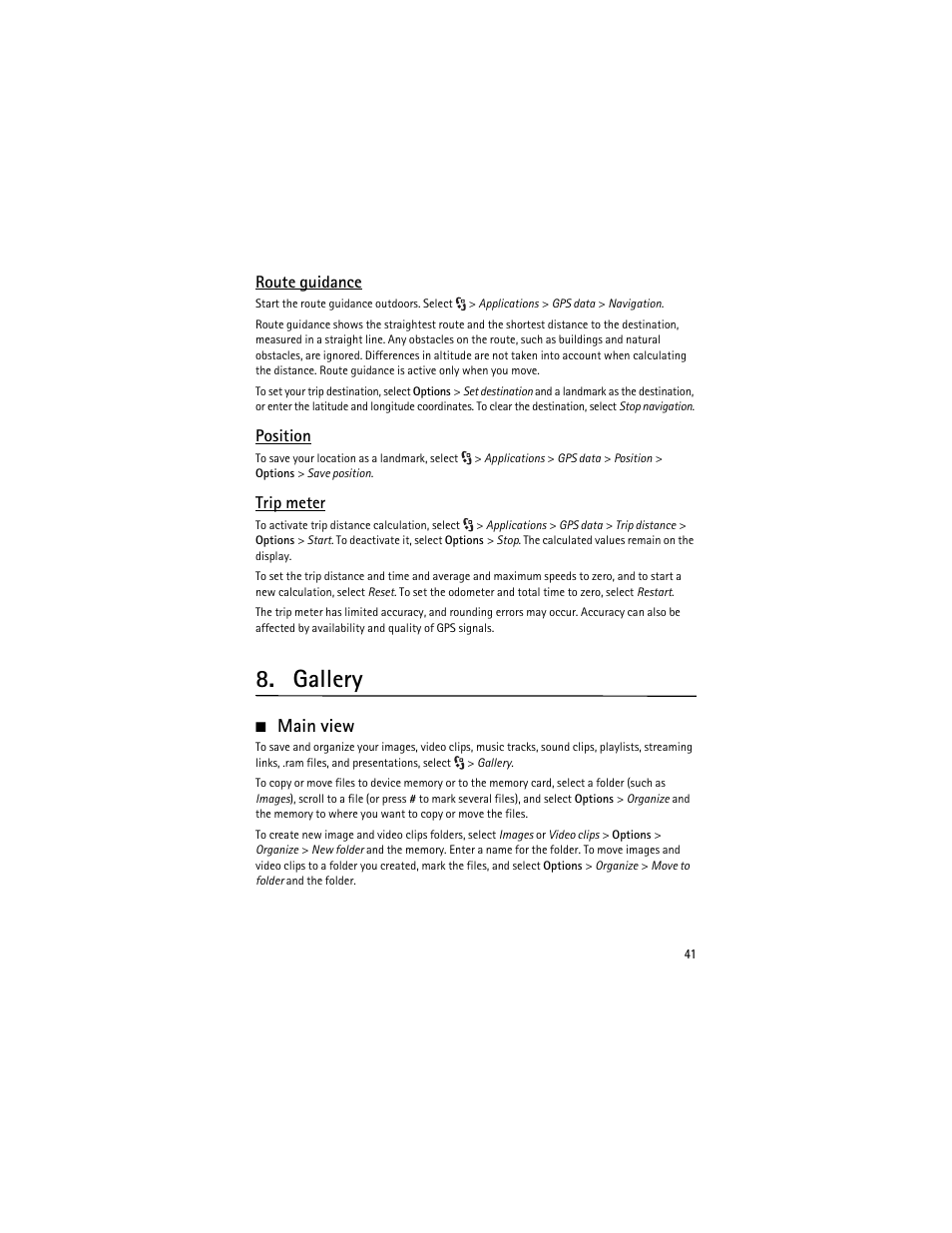 Gallery, Main view | Nokia 6210 Navigator User Manual | Page 42 / 162