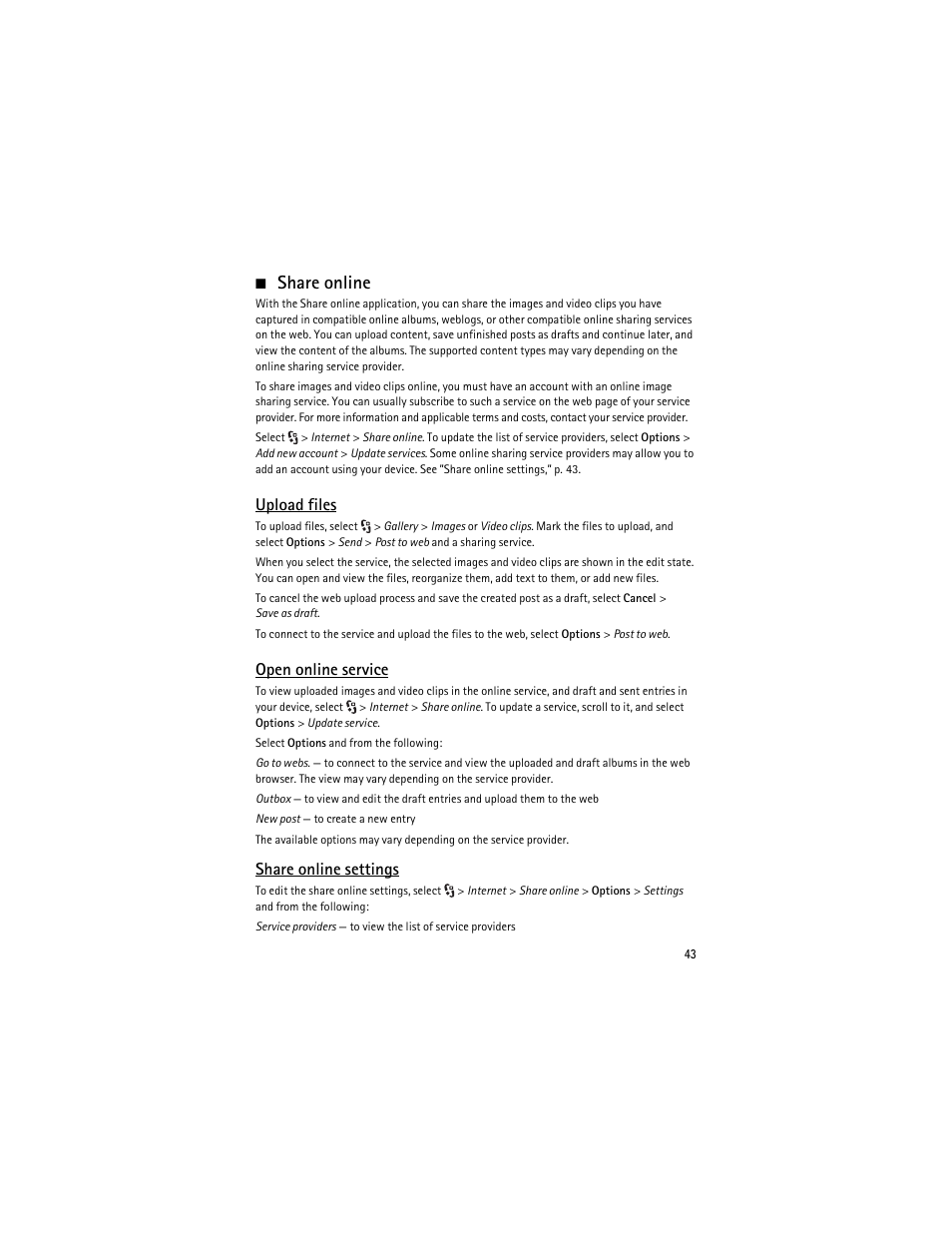 Share online, Upload files, Open online service | Share online settings | Nokia 6210 Navigator User Manual | Page 44 / 162