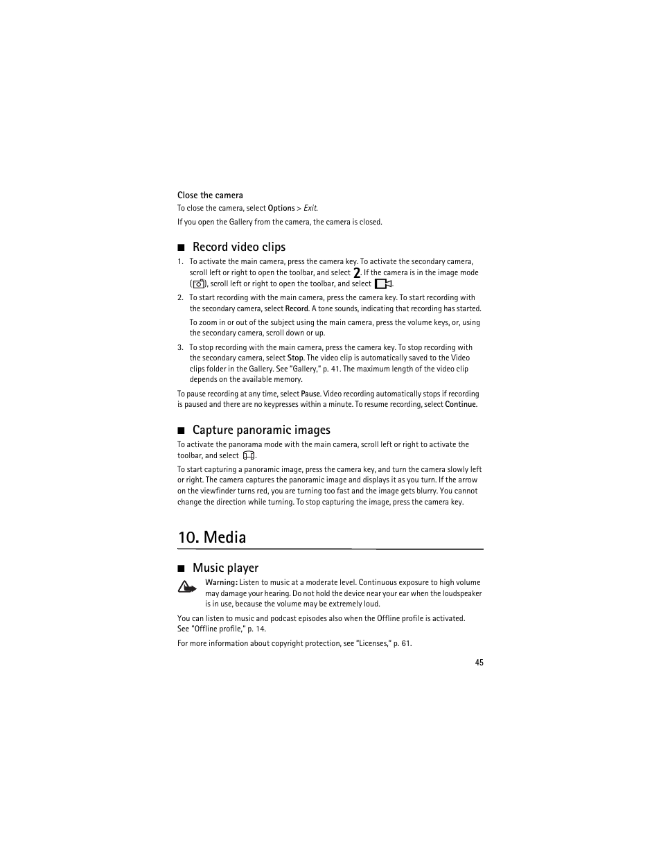 Record video clips, Capture panoramic images, Media | Music player, Record video clips capture panoramic images | Nokia 6210 Navigator User Manual | Page 46 / 162