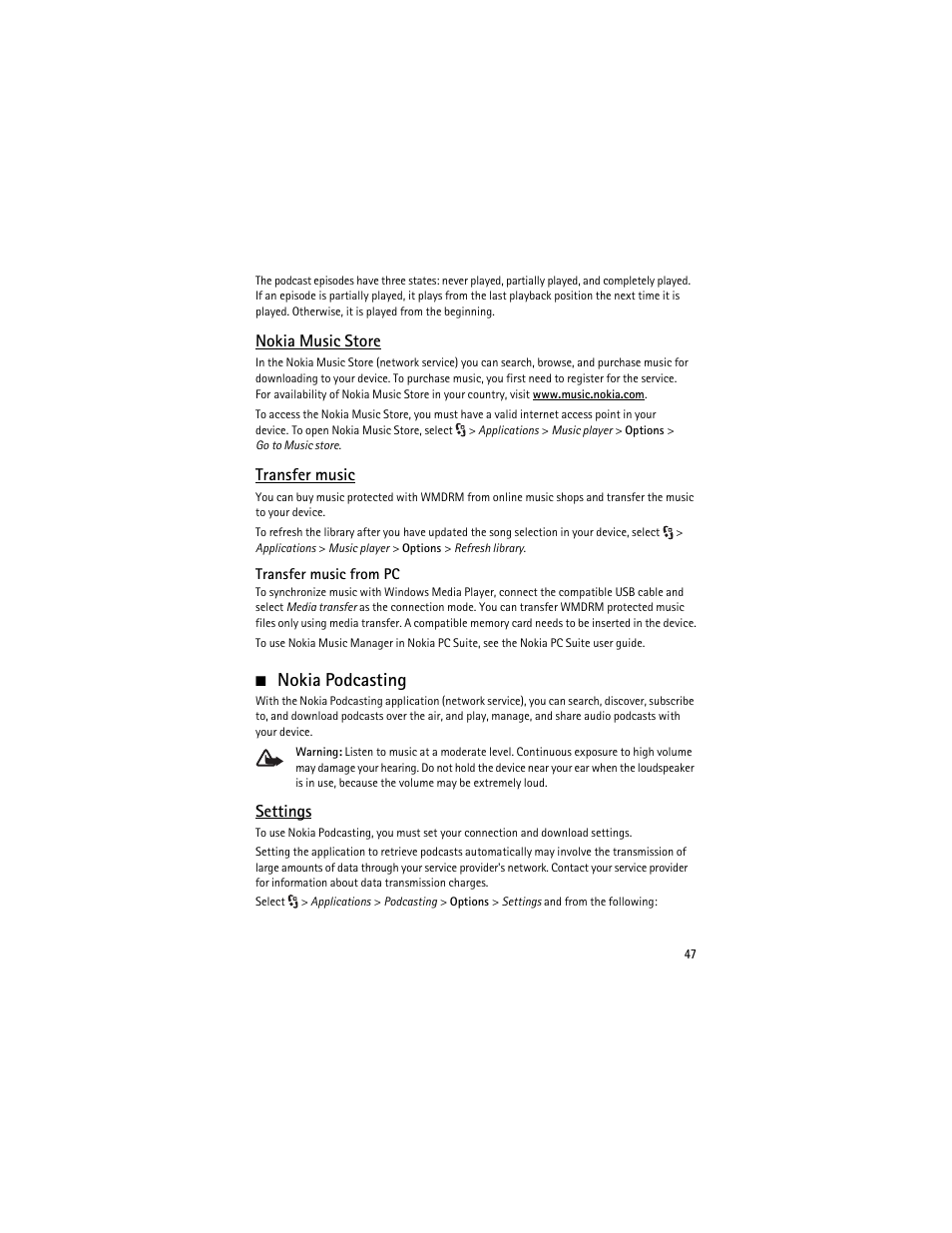 Nokia podcasting, Nokia music store, Transfer music | Settings | Nokia 6210 Navigator User Manual | Page 48 / 162