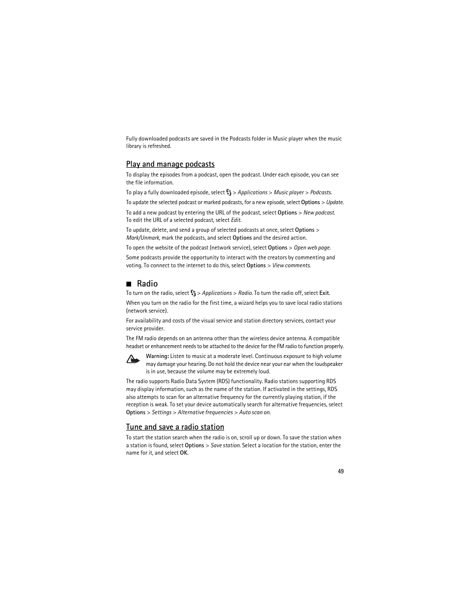 Radio, Play and manage podcasts, Tune and save a radio station | Nokia 6210 Navigator User Manual | Page 50 / 162