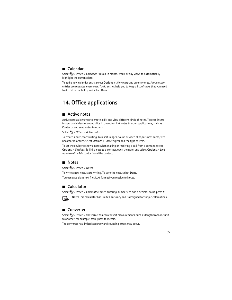 Calendar, Office applications, Active notes | Notes, Calculator, Converter, Active notes notes calculator converter | Nokia 6210 Navigator User Manual | Page 56 / 162