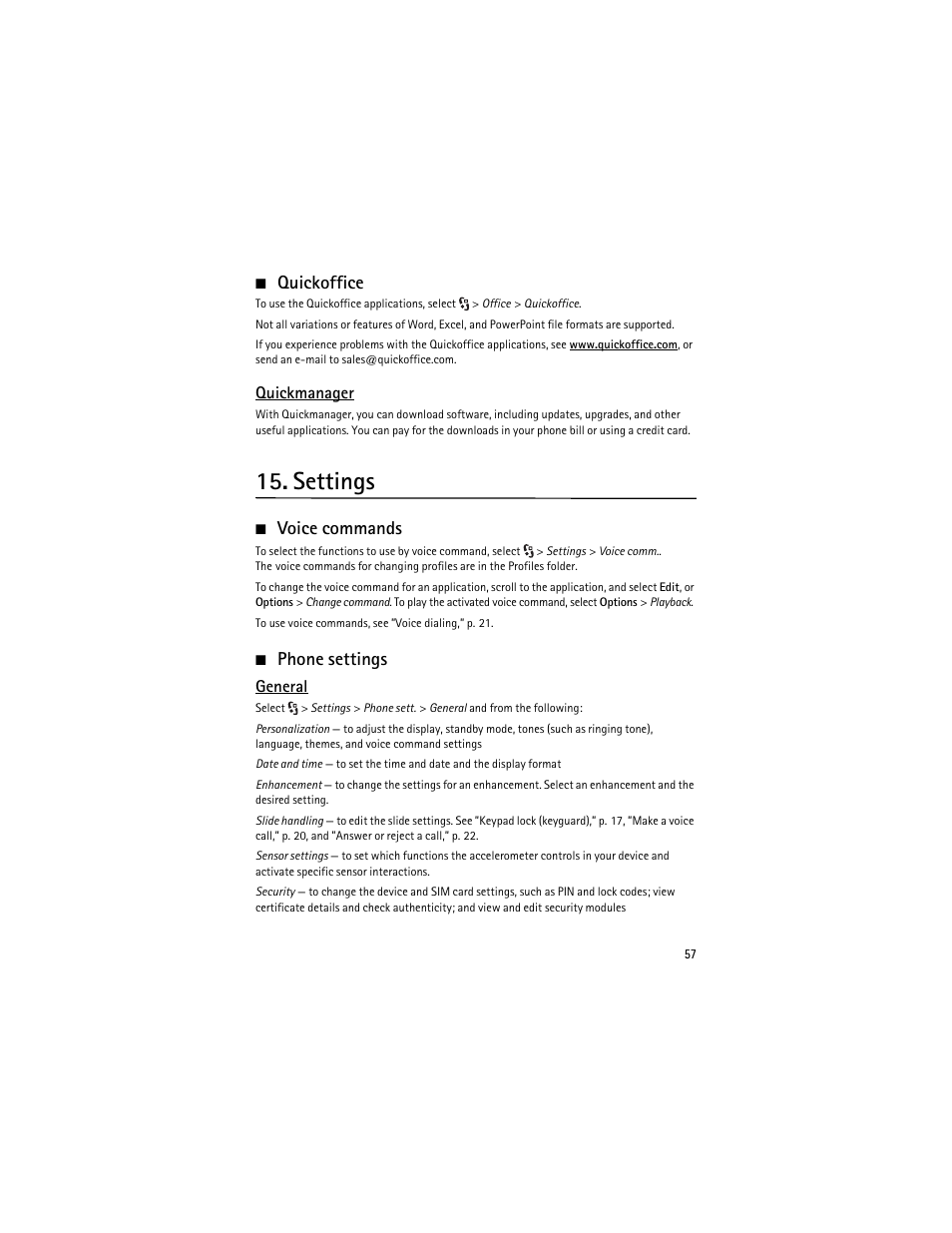 Quickoffice, Settings, Voice commands | Phone settings, Voice commands phone settings | Nokia 6210 Navigator User Manual | Page 58 / 162
