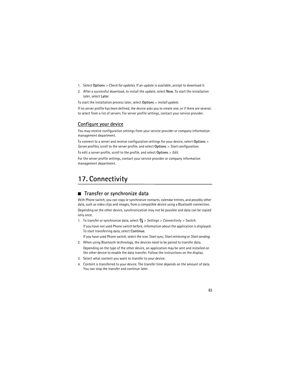 Connectivity, Transfer or synchronize data, Configure your device | Nokia 6210 Navigator User Manual | Page 64 / 162