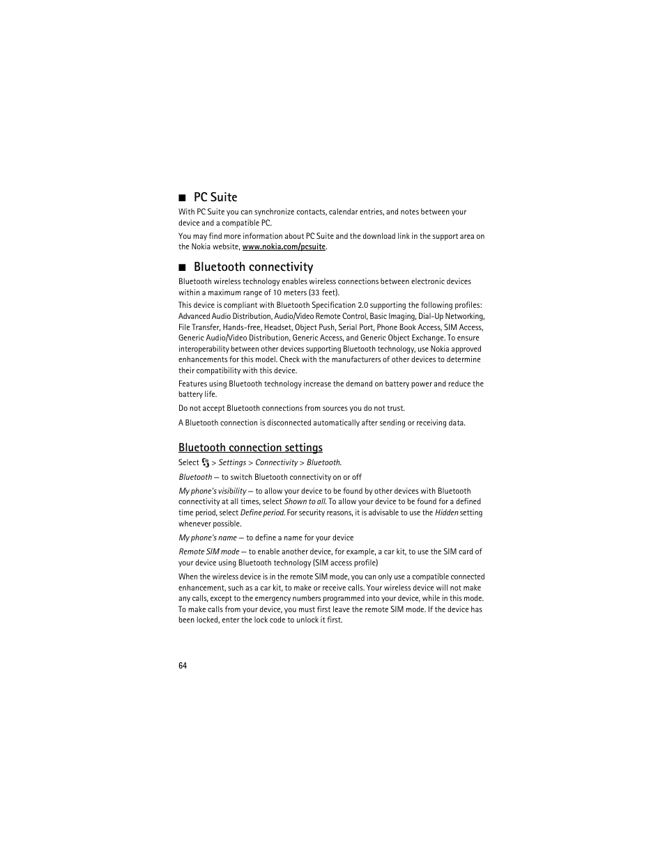 Pc suite, Bluetooth connectivity, Pc suite bluetooth connectivity | Bluetooth connection settings,” p. 64, Bluetooth connection settings | Nokia 6210 Navigator User Manual | Page 65 / 162