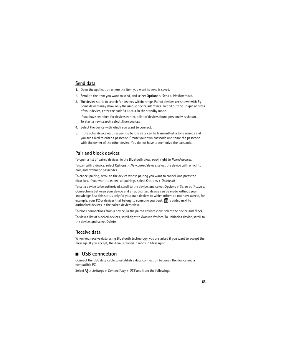 Usb connection, Usb connection,” p. 65, Send data | Pair and block devices, Receive data | Nokia 6210 Navigator User Manual | Page 66 / 162