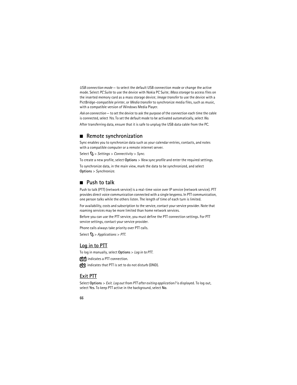 Remote synchronization, Push to talk, Remote synchronization push to talk | Log in to ptt, Exit ptt | Nokia 6210 Navigator User Manual | Page 67 / 162