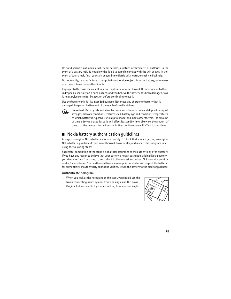 Nokia battery authentication guidelines, Nokia battery authentication guidelines. 69 | Nokia 6210 Navigator User Manual | Page 70 / 162