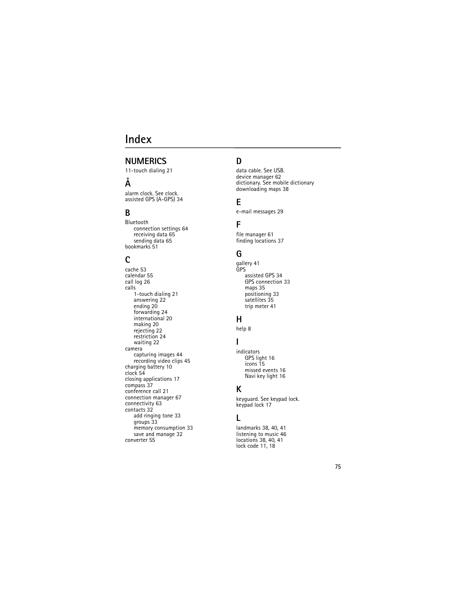 Index, Numerics | Nokia 6210 Navigator User Manual | Page 76 / 162